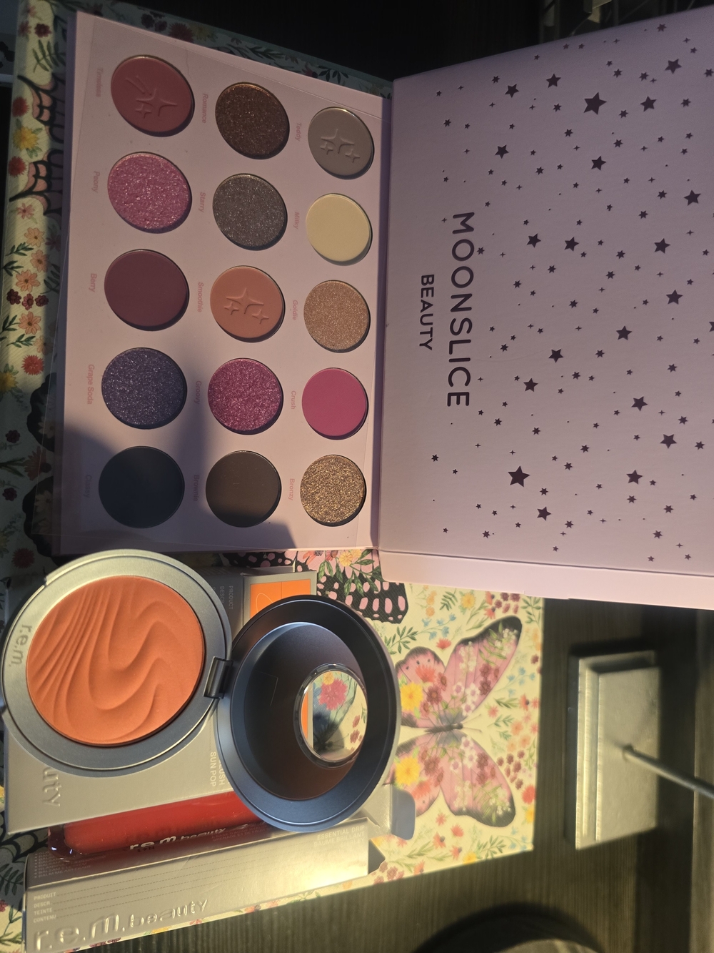 Pink Eyeshadow Palette By Moon Slice & Orange Blush And Lip R.e.m